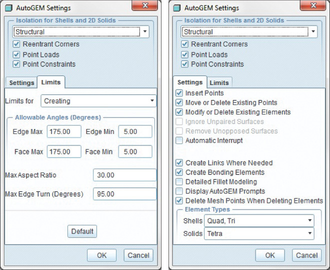 Two automatic mesh generation dialog box panels are shown.