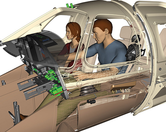 A model view of a vehicle illustrates the human interaction with the vehicle's controls, where the foot of a man is seen over the gas pedal while assisting a woman on his right.