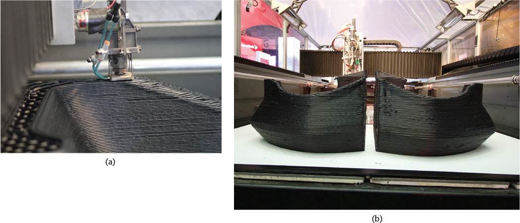 A photograph on the left shows a printhead depositing a layer of material on a surface. A photograph on the right shows the fenders, printed using a 3D printer, of a car.