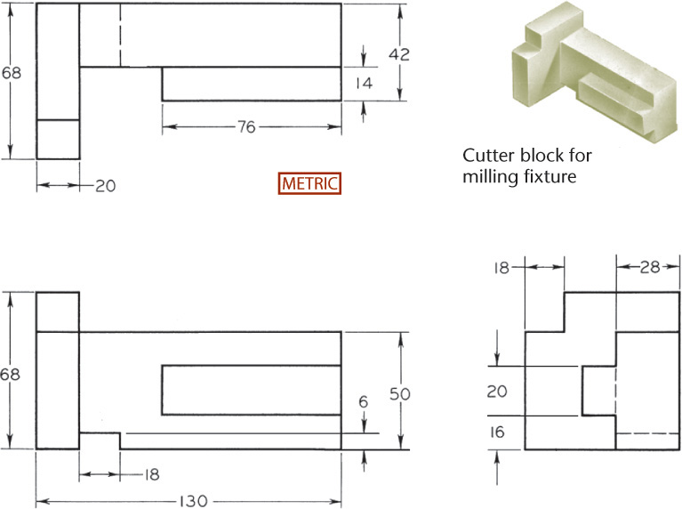 Figure shows the dimensioning of a cutter block.