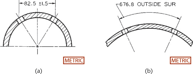 Figure shows the technique to dimension along curved surfaces.