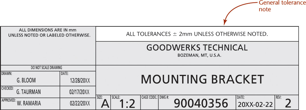 Figure shows the title block of a drawing that lists several information. On top of the name field, the general tolerance note is mentioned as "all tolerances plus or minus 2 millimeters unless otherwise noted."