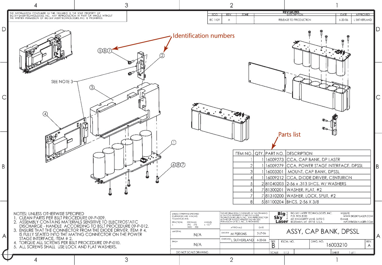 Illustration shows identification of Assembly Drawing items with a Parts List.