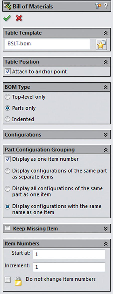 Screenshot shows SolidWorks Dialog Box showing Options for Automatically inserting a Bill of Materials Table.