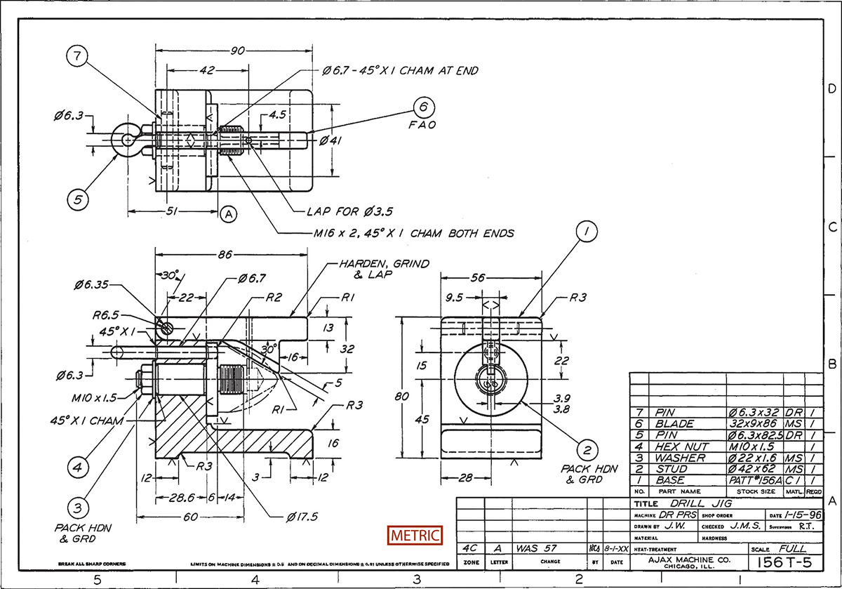 Figure shows working drawing assembly of Drill Jig in three parts.
