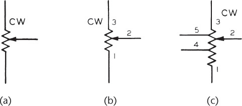 Three figures are shown for the terminal identification for a variable resistor.