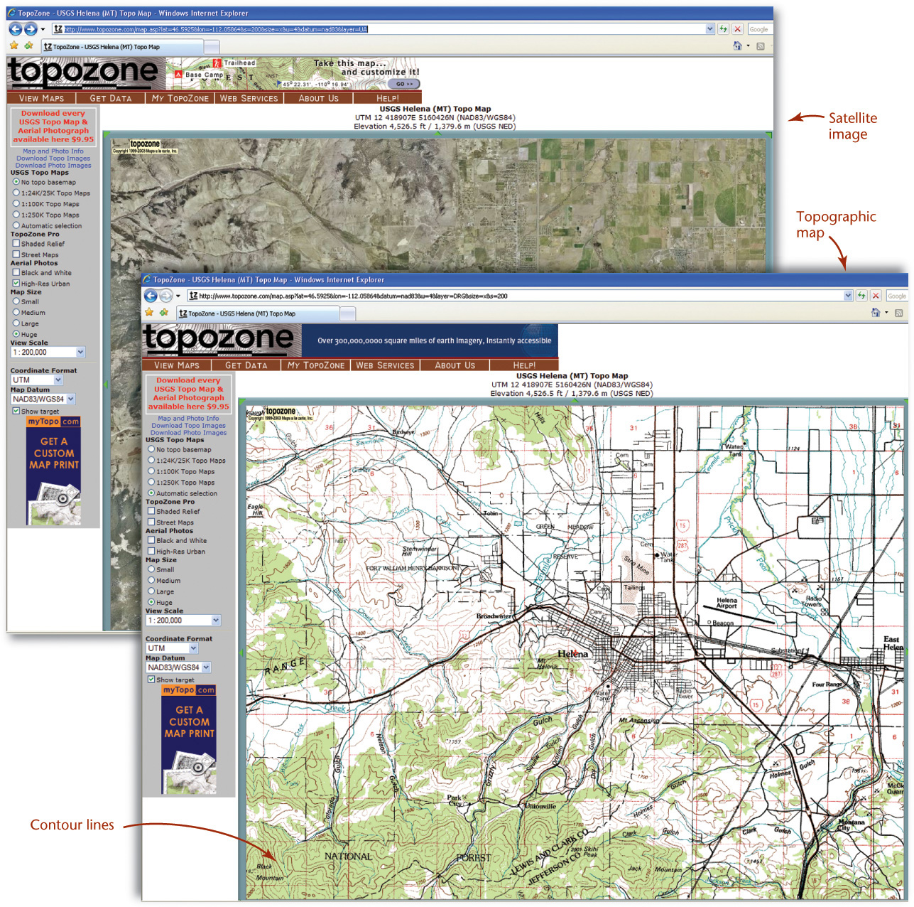 Two screenshots of TopoZone website, overlapping one another, shows the satellite image and topographic map with contour lines of a region.