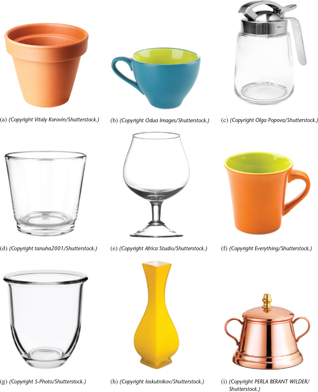 Photograph of a flower pot, teacup, jug, glass, whiskey glass, wine glass, coffee mug, cup, vase, and kettle.