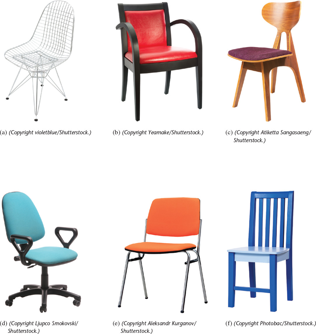 Photograph of five different types of chair.