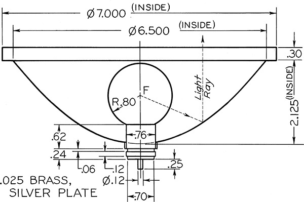 Drawing of a parabolic floodlight reflector is shown.