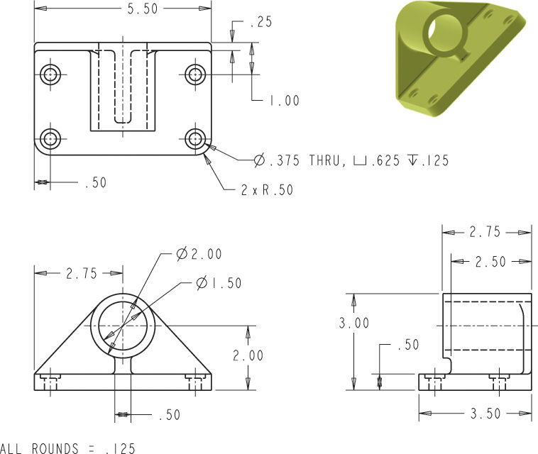 3D model of a rail bracket is shown along with its different view drawings.