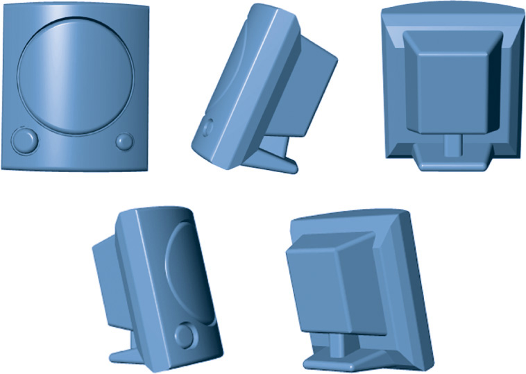 Five 3D models placed adjacent to each other shows the different views of a plastic speaker housing.