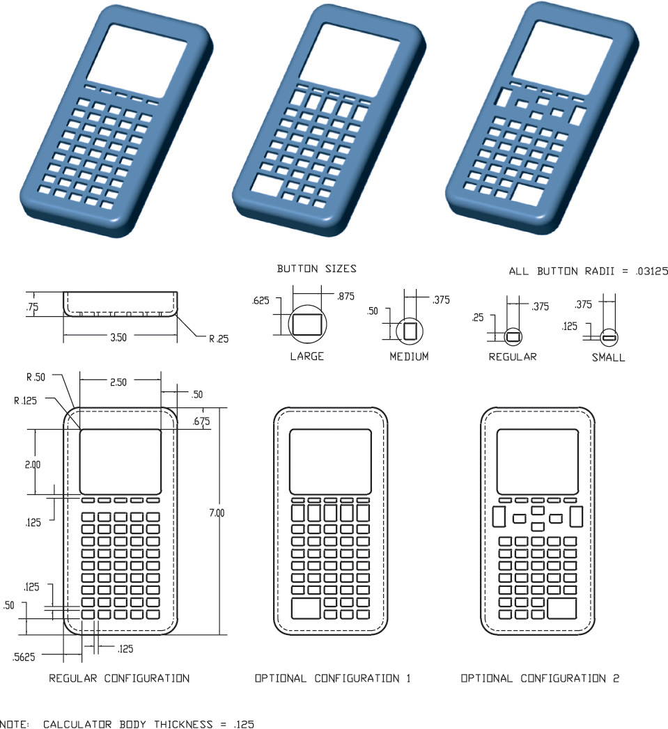 Three models of the calculator differing in slot size are shown along with its drawings.