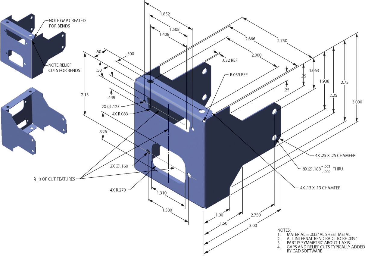 Figure shows Electronics Enclosure drawing with orthographic views for the sheet metal electronics mount.