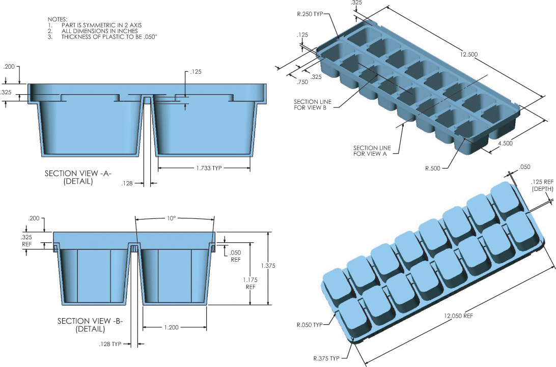 Collage of 4 pictures of an ice cube tray, with 3-dimensional views of top and rear and section views showing the interior parts for better illustration and its dimensions are labeled.