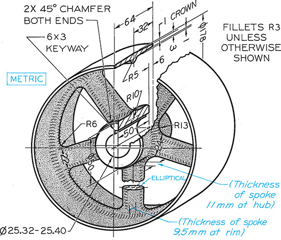 Figure shows the front view drawing of a pulley.