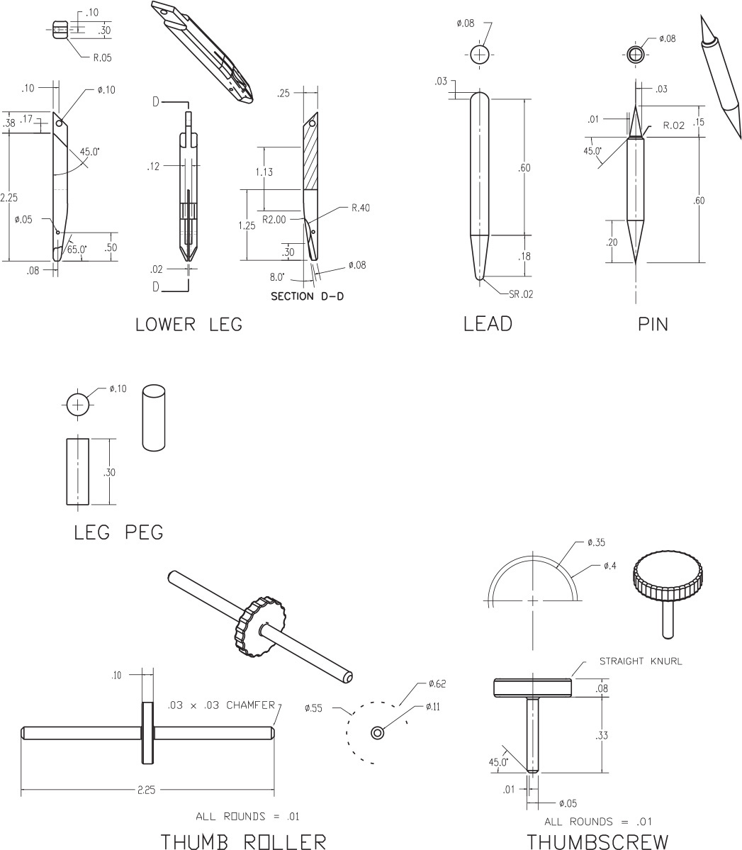 The frontal and top views of the following components of a compass are shown: lower leg, lead, pin, leg peg, thumb roller, and thumbscrew. Detailed measurements and markings are shown along with the views.