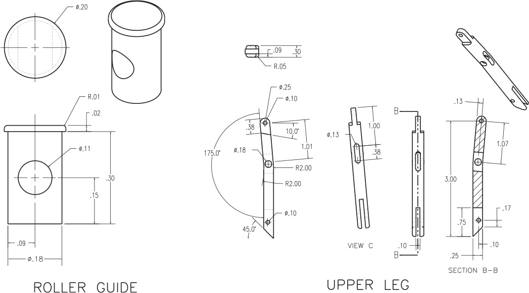 The frontal and top views of the roller guide and upper leg of a compass are shown. Detailed measurements and markings are shown along with the views.