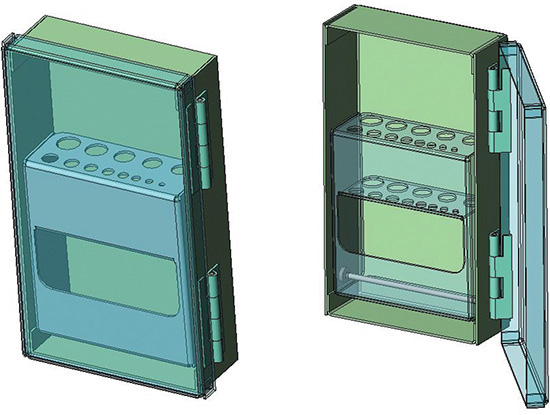 A rectangular compartment with door closed has a metal sheet with several circular openings and a rectangular opening is shown. A similar rectangular component with the door opened is shown on the right.