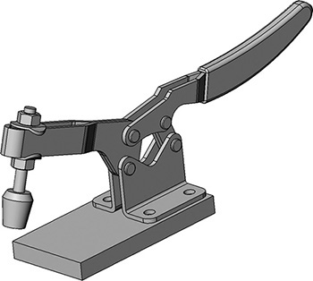 A clamp with its handle lifted above and its knob bent down is shown.