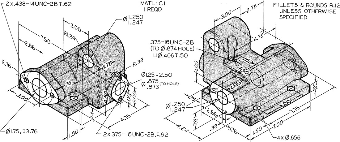 Figure shows two isometric views of an automatic stop box, and the dimensions such as diameter, width, and so on are labeled in decimal inches.