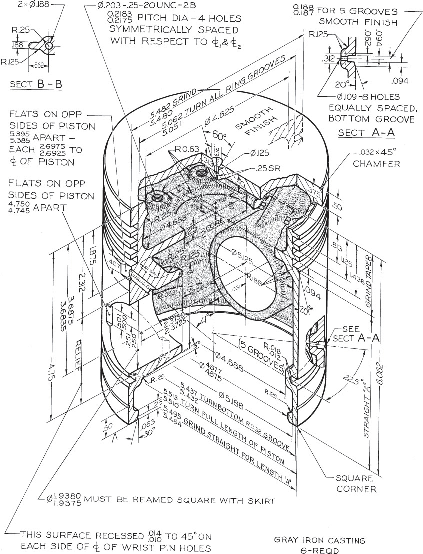 Figure shows the tolerancing drawing for Caterpillar tractor piston.