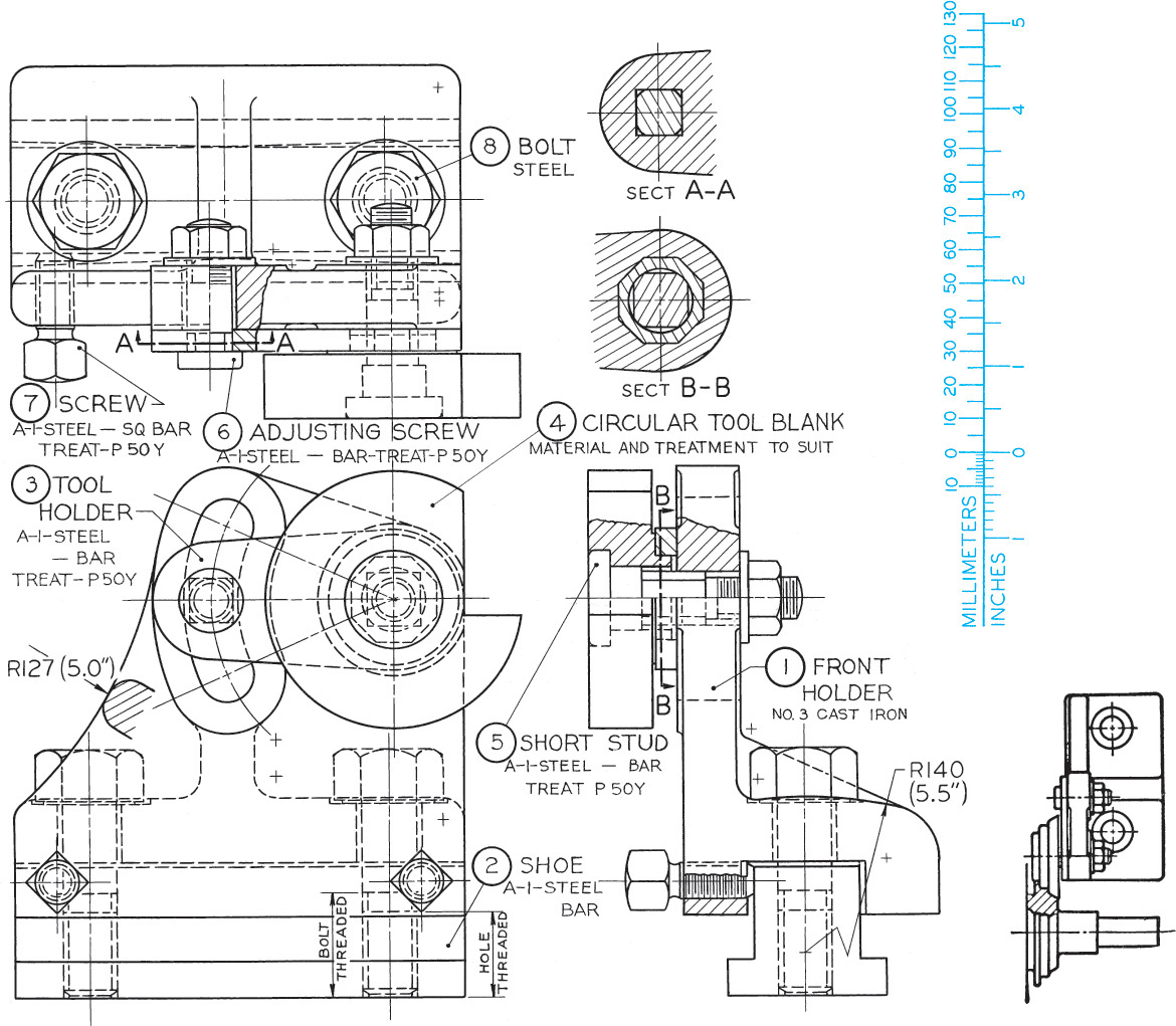 Figure depicts the detailed drawing of the front circular forming cutter holder and the assembly details are assigned in the drawing.
