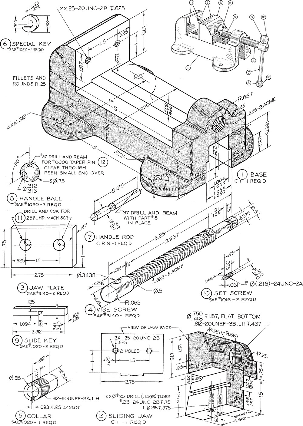 Figure depicts the detailed drawing of the machine vise on the facing page and the assembly details are assigned in the drawing.