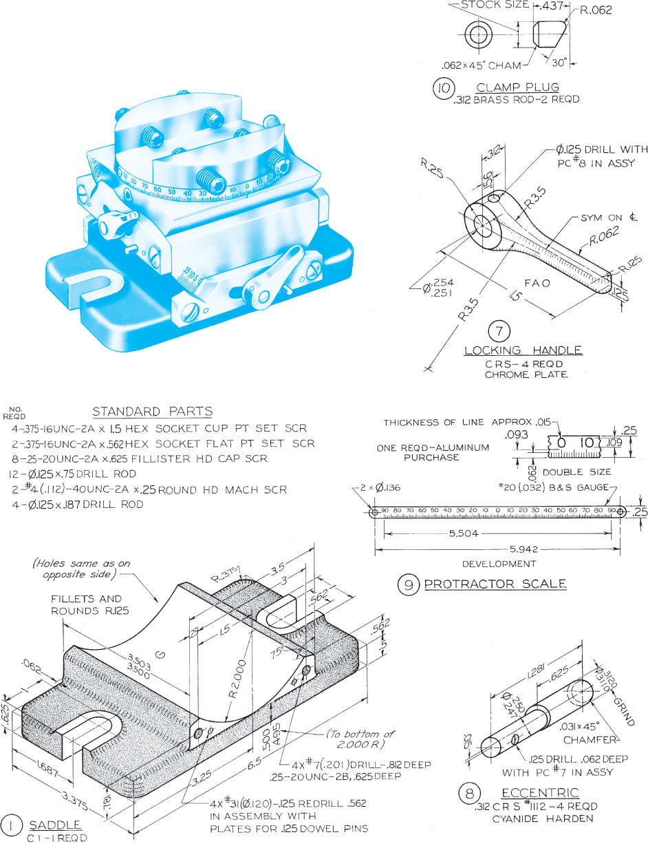 Figure shows the different views of an any angle tool vise.