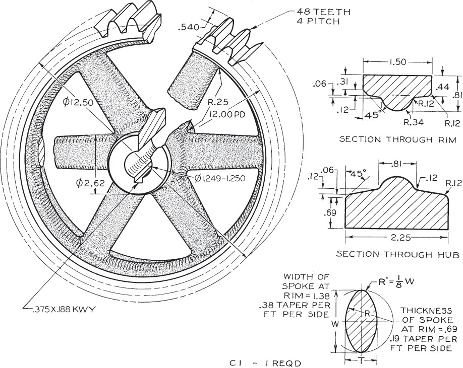 Drawing of a wheel shaped gear with dimensions labeled.