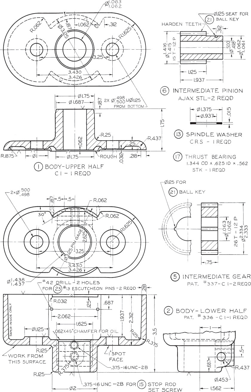 Drawings of various cross-sections of a gear.