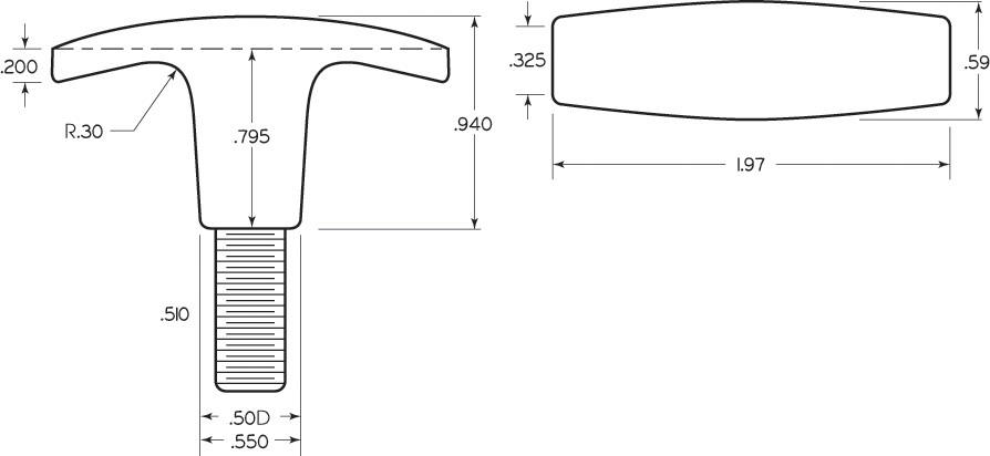 Figure shows the front and top views of a T-handle.