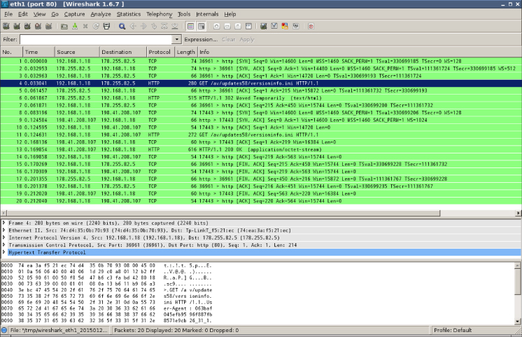 Screenshot of Wireshark window displaying the traces of updates of the virus definition files with the fourth trace update highlighted.