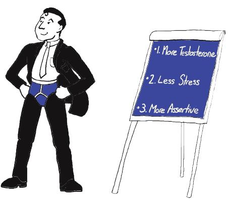 Blue color writing board on right has three points listed: more testosterone, less stress, more assertive. A person in formal attire with superman trousers on left.