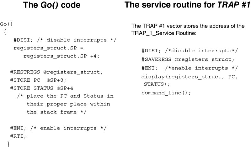 Two different codes show the Go( ) procedure and the interrupt vector routine TRAP_1 where the TRAP_1_vector stores the address of the TRAP_1_Service Routine.  