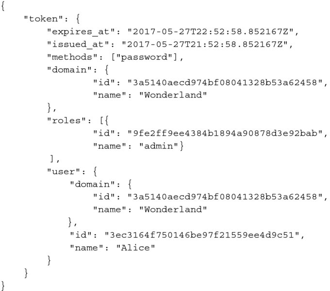 Example shows the program for a token in JSON before signing using authentication method which includes both “password” and “token”. Names include Wonderland, admin, and Alice.