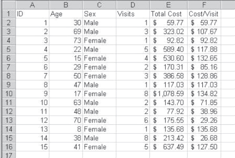 Cropped image of worksheet with a small data of 15 people with six variables: ID, Age, Sex, Visits, Total Cost, and Cost/Visit.