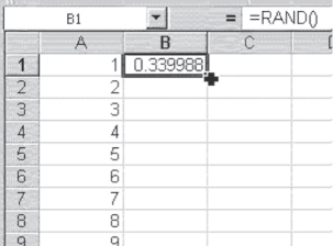 Cropped image of worksheet with numbers under column A. Cell B1 with a random entry is selected with a dark cross on the lower right corner of the cell. =RAND() is located at the formula line.