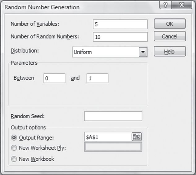 Random Number Generation dialog box presenting Number of Variables (5), Number of Random Numbers (10), and Distribution (Uniform) with Parameters between 0 and 1 and Output Range of $A$1.