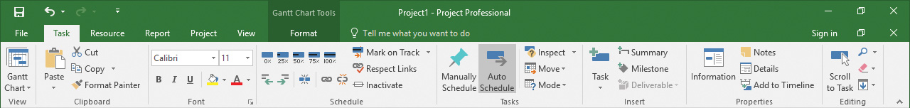 Screenshot of project window shows tool tab along with ribbon. Ribbon shows the task tab selected which reveals the various groups in it.