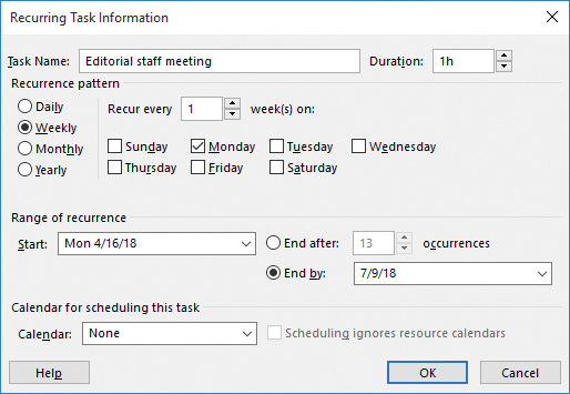 Screenshot of the recurring task information dialog box.