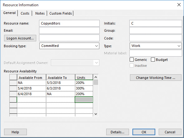 Screenshot of the resource information dialog box showing edited resource availability.