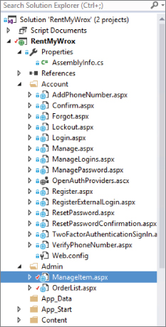 Screenshot of Solution Explorer with files and folders listed under it. ManageItem.aspx under Admin is highlighted.