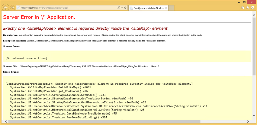 Screenshot of error Server Error in '/' Application displayed when multiple siteMapNodes appear within the sitemap element.