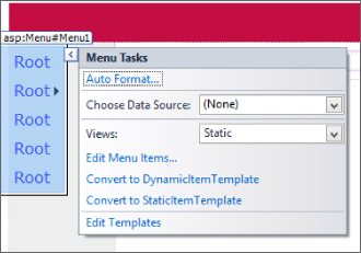 Screenshot of Menu Tasks with controls in HTML rendered in Design Mode. An arrow icon on the top left of the dialog points to configuration dialog . The options include Choose Data Source and Views.