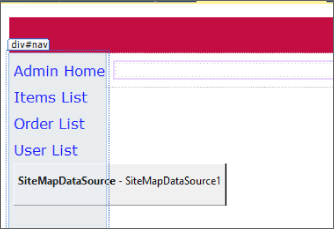 Screenshot of menu display after turning off the starting node in rendered HTML. A box is displayed at the bottom with the text SiteMapDataSource.