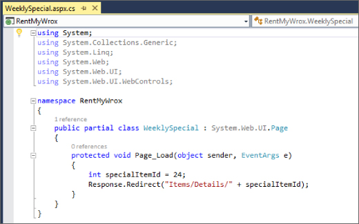 Screenshot of WeeklySpecial.aspx.cs file page with code for the redirect of the WeeklySpecial.