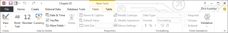 Snipped image of the Access Ribbon presenting the tools on the Fields tab: Views, Add & Delete, Properties, Formatting, and Field Validation.