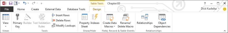 Snipped image of the Access Ribbon presenting the controls on the Design tab: Views, Tools, Show/Hide, Field, Record & Table Events, and Relationships.