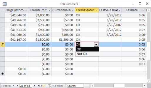 Screenshot of tblCustomers datasheet displaying a combo box containing OK and Not OK options for credit status.